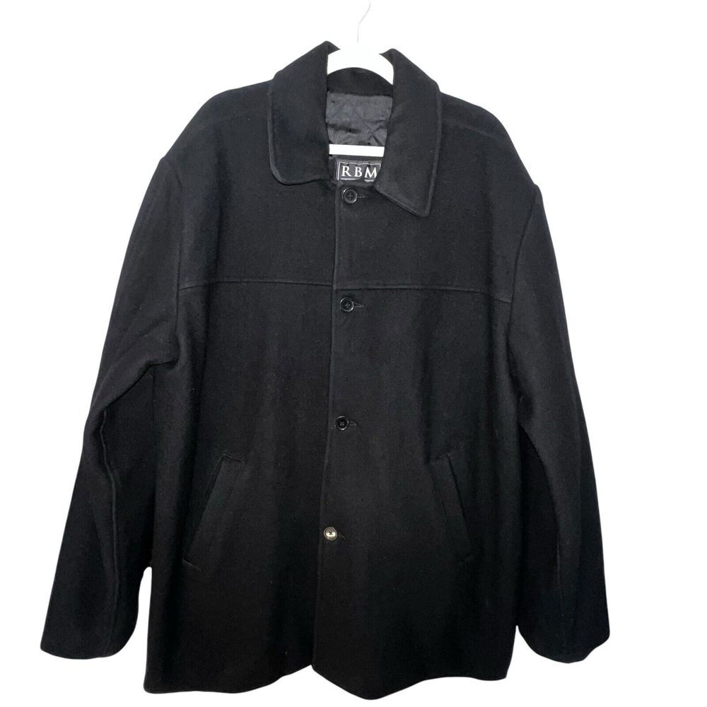 RBM OUTDOOR COLLECTION MEN BLACK‎ 100% WOOL BUTTON FRONT PEACOAT SIZE XL VINTAGE